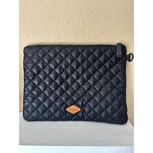 MZ Wallace Quilted Black Nylon Wristlet Clutch with Leather Patch